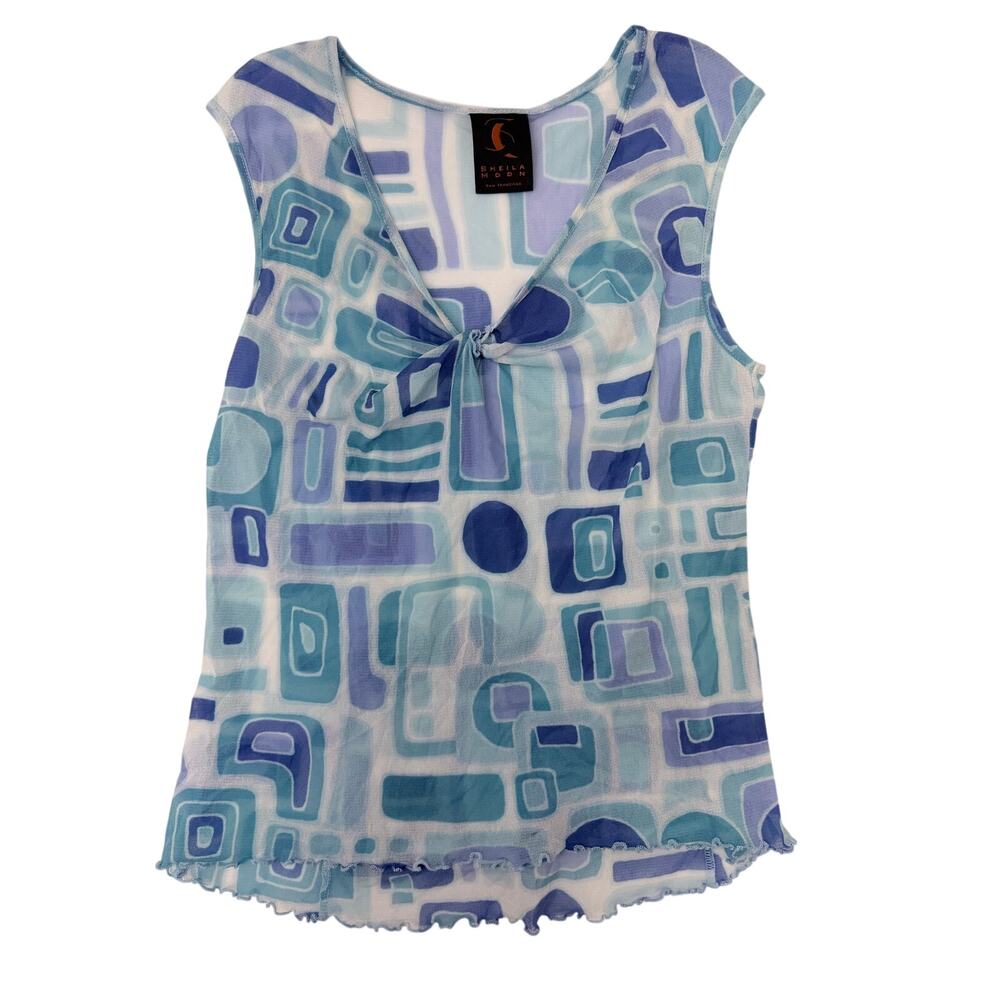 Sheila Moon Blue Geometric Mesh Sleeveless Tie Front Sheer Top Women’s Medium